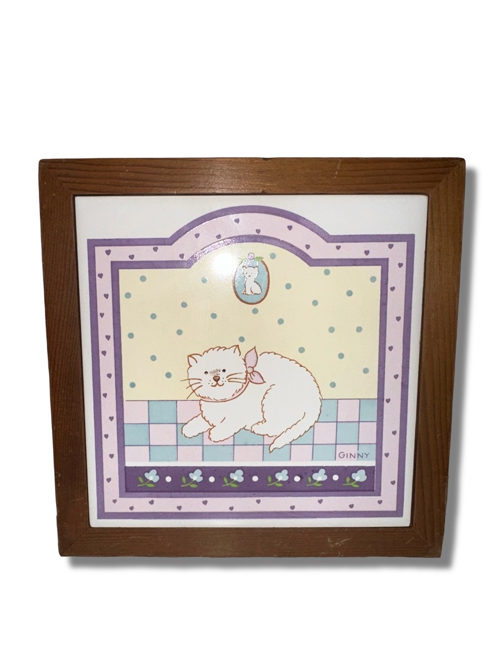Vtg Framed Ceramic Cat Tile